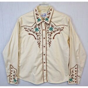 Panhandle Slim Embroidered Denim Western Shirt Womens XL Pearl Snap Floral Brown